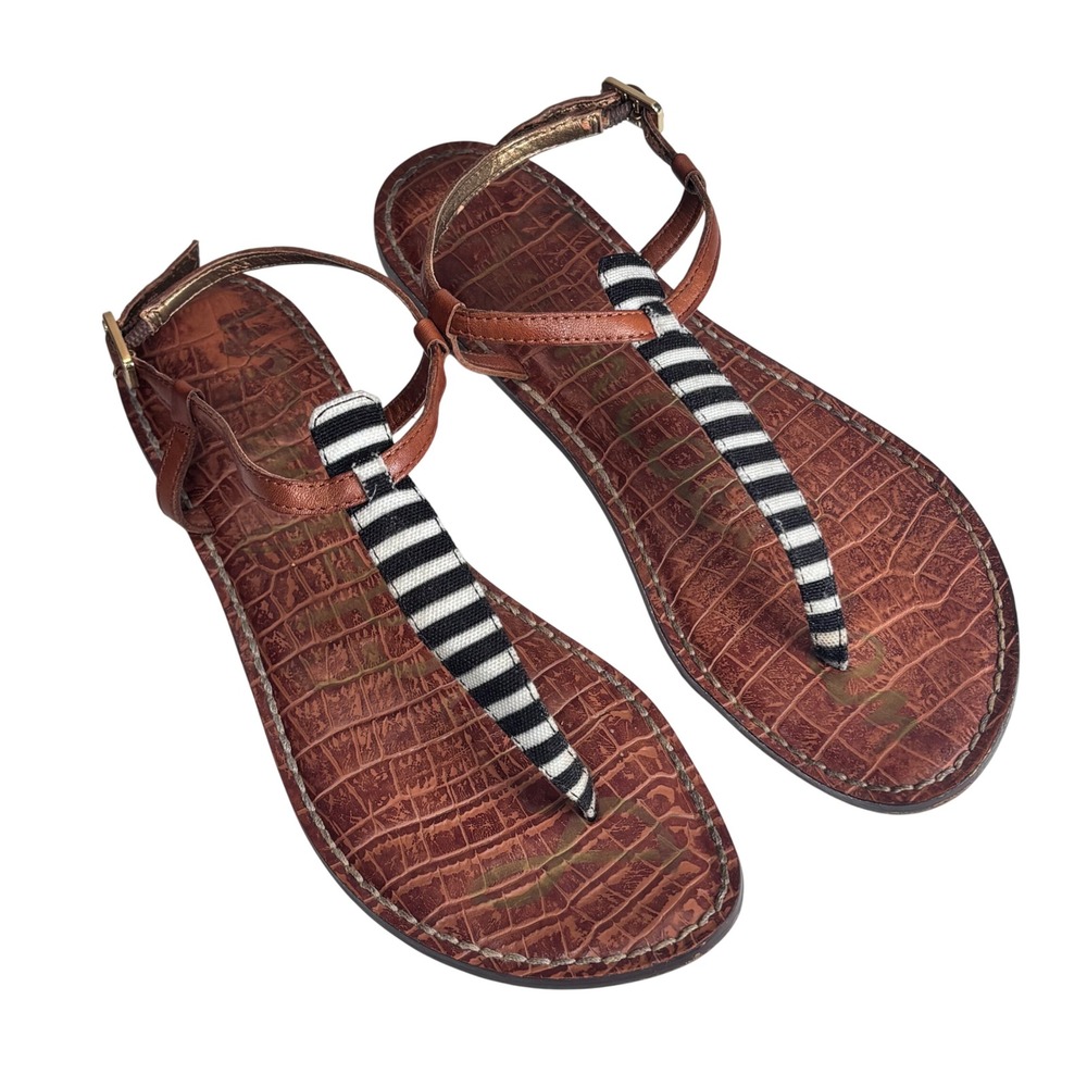 Sam Edelman Gigi Sandals Brown Striped Croc Embossed Leather T-Strap Womens 8M